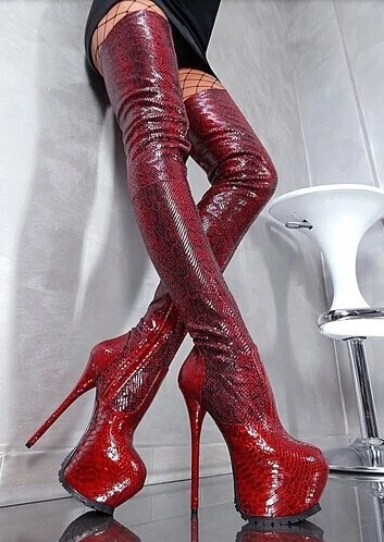 Women Python Gladiator Knee High Boots Red Wine Platform Zipper Over knee Booty HIgh Heel Slim Sexy Thigh Plus Size 10 | Обувь