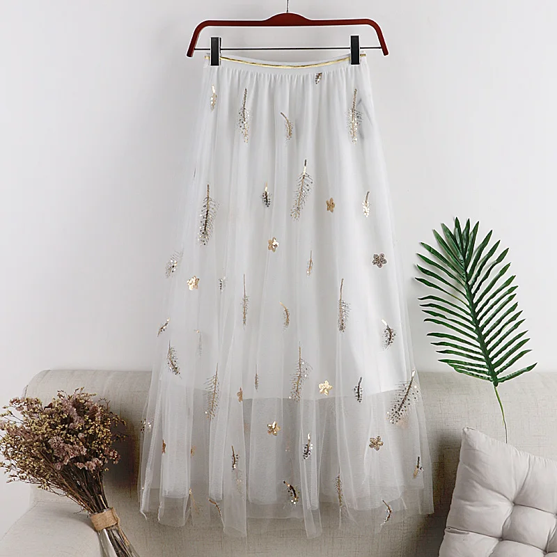 Женская фатиновая юбка с вышивкой весна лето 2019 средней длины эластичной высокой