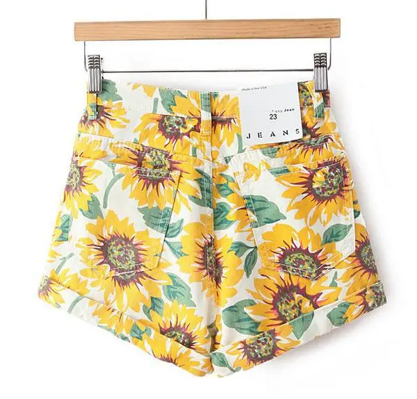 Новые летние джинсовые шорты с высокой талией и принтом подсолнуха женские