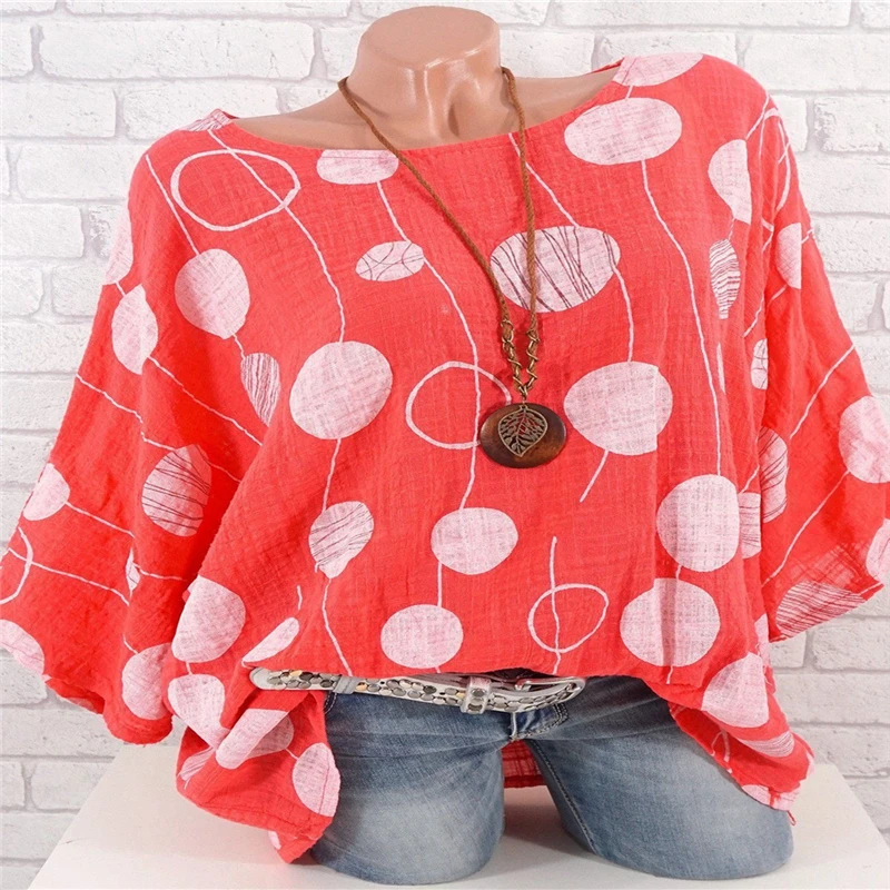 Casual Women Batwing Sleeve Blouse 2019 Summer O Neck Long Shirt Tops Ladies Plus Size Dot Point Print Femme Bluas | Женская одежда