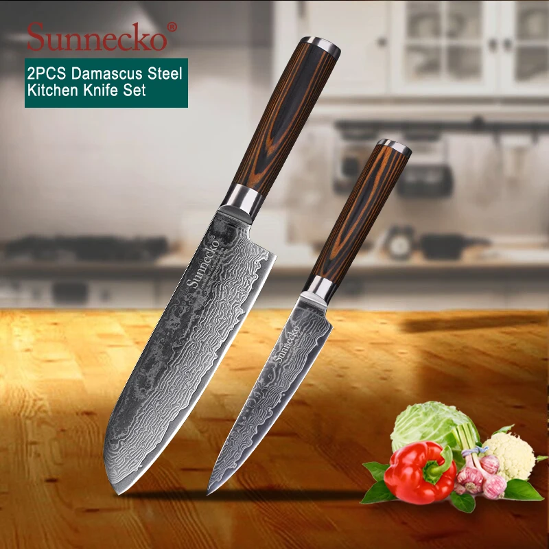 Sunnecko 2PCS Kitchen Knife Set Utility Santoku Knives Cutting Tools 73 Layers Damascus VG10 Steel Sharp Blade Color Wood Handle | Дом и сад