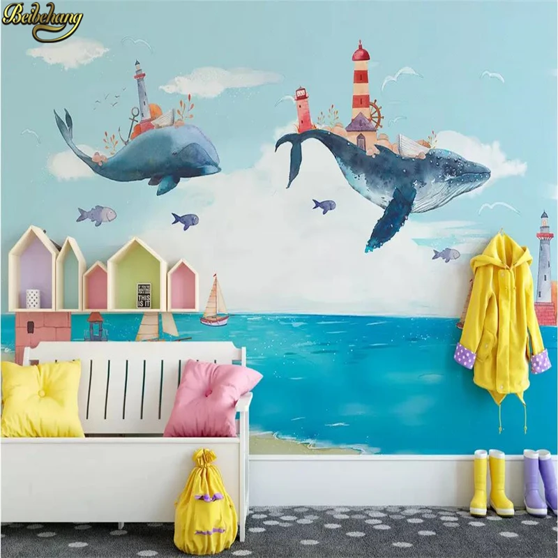 beibehang Nordic creative watercolor wall paper Mediterranean ocean whale children's room background wallpapers for living |