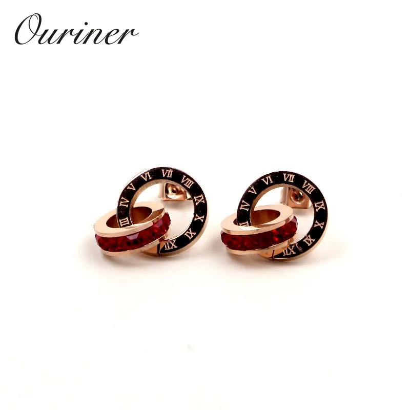 Rose Gold Red Женские серьги в римском стиле с двумя круглыми цифрами, роскошные брендовые очаровательные квадратные серьги-гвоздики с кристаллами CZ, ювелирные изделия KE001-1 - Окраска металла: Rose Gold Red