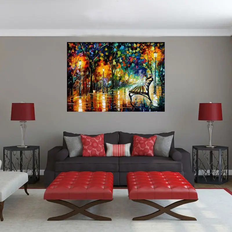 

Разноцветная абстрактная картина маслом на холсте ручной работы, настенное искусство, пейзаж, дерево, ретро скамейка, картины для украшения...