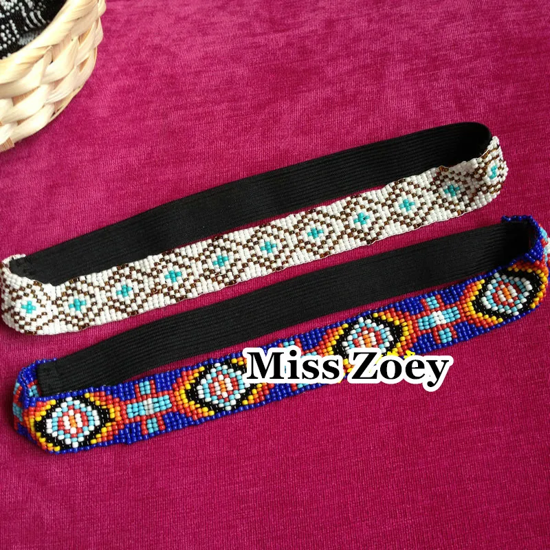 AHO024(1) 2.5cm Wide Blue/White Mexico Indian Style Totem Beaded Handmade Hemp Hippy Boho Woven Adjustable Headband For Women | Украшения и
