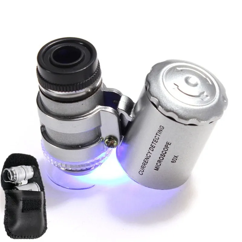 60X Мини микроскоп Ювелир Лупа объектив с подсветкой Стекло светодиодный