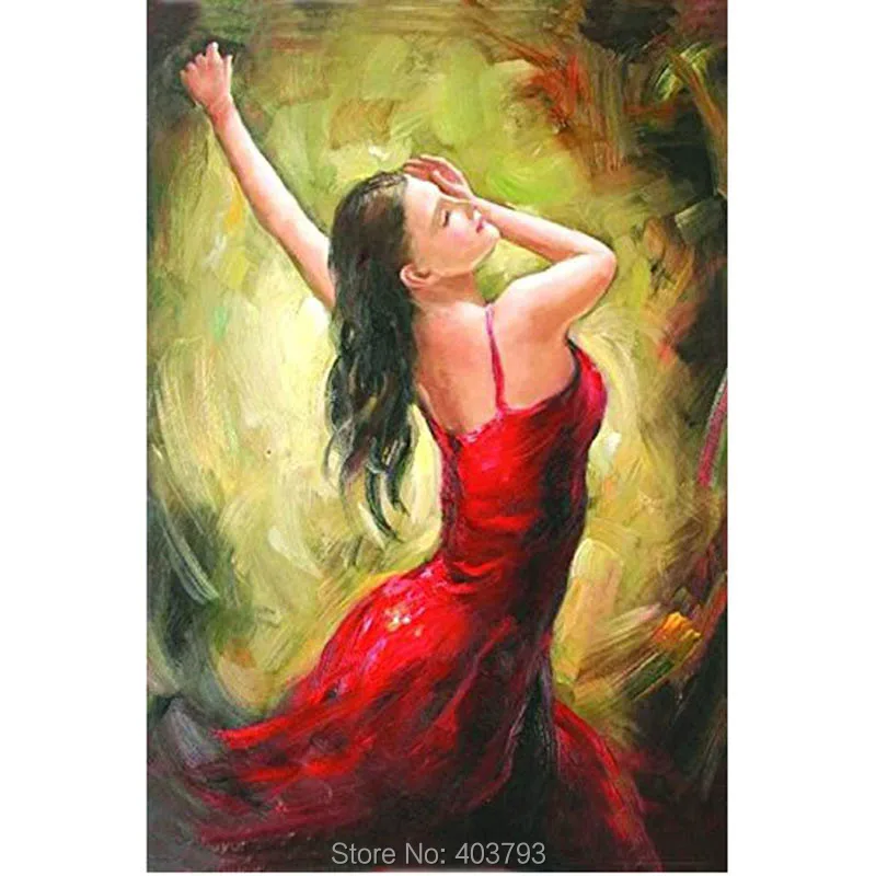 100% ручная роспись в красном платье танцующая женщина холст картина маслом для