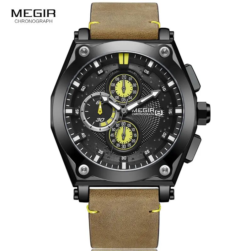 

Megir Men's Leather Strap Quartz Watches Army Sports Chronograph Waterproof Wristwatch for Man Luminous Relogios Clock 2098 Blue