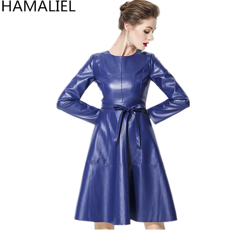 HAMALIEL Vestidos размера плюс платье из искусственной кожи новинка весеннее женское платье синего цвета из искусственной кожи с длинным рукавом Повседневное платье с поясом S-2XL