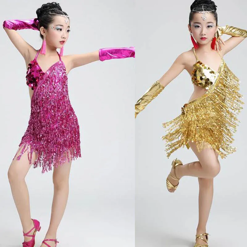 

Sequined children Latin dance wear costumes Girls Stage wear Jazz dancing dress performance Suits dance Kids Ballroom Outfits