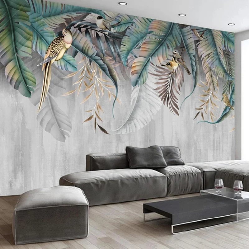 Custom Any Size Mural Wallpaper Modern 3D Nordic Style Plant Leaves Birds Photo Wall Mural Living Room Bedroom Home Decor Fresco