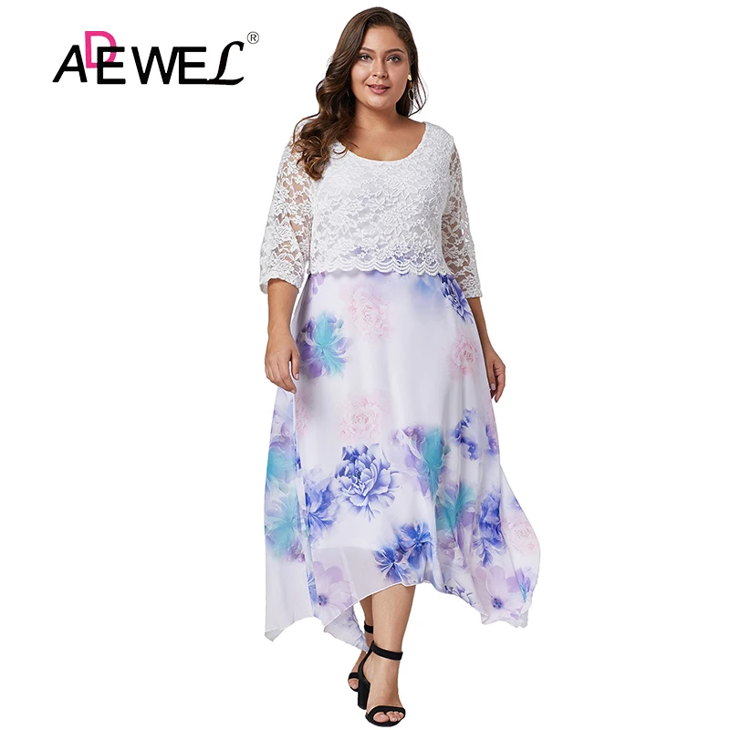 ADEWEL плюс Размеры кружева Цветочный принт вечерние Винтаж женская одежда Осень