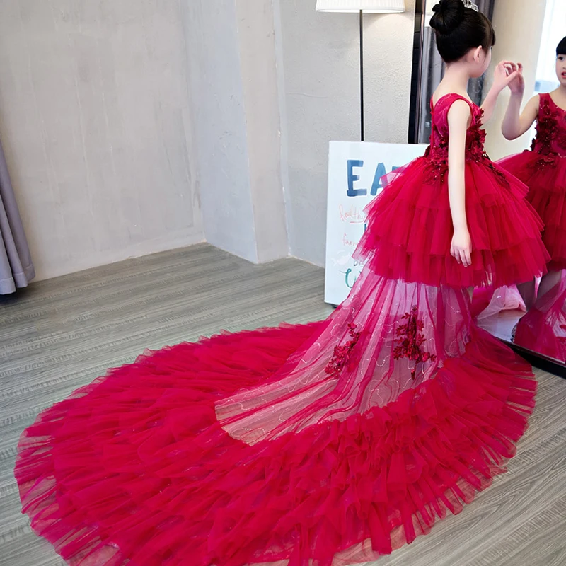 2018 New Luxury Red Flower Girl Dress With Tail For Wedding Kids Pageant First Holy Communion Dresses Party D48 | Детская одежда и
