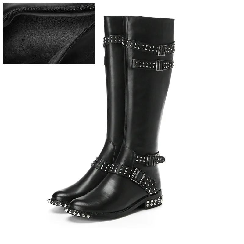 Cow Leather XIUNINGYAN/Женская обувь; женские сапоги до колена из натуральной кожи; Supperstar Matin; зимние сапоги; женские сапоги для верховой езды с заклепками - Цвет: Cow Leather