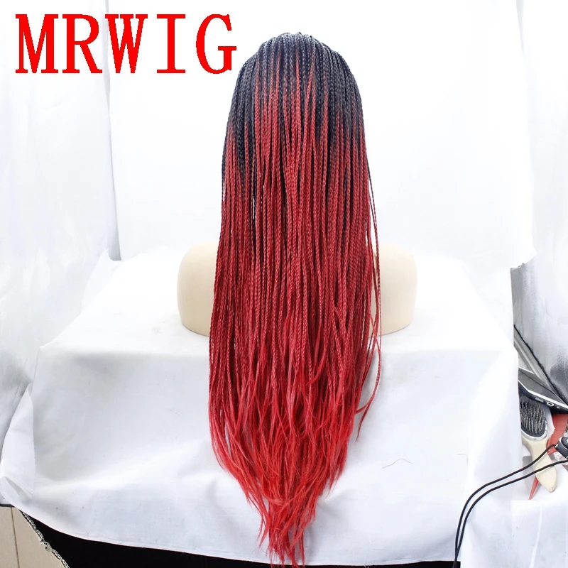 MRWIG 1b # Ombre красный волос плетеный ящик косы парик бесплатная часть темные корни