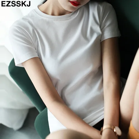 Повседневная Базовая футболка из 95% хлопка, Женская Летняя Сексуальная футболка с круглым вырезом и коротким рукавом, модель 3XL, однотонная облегающая футболка, Женский Топ