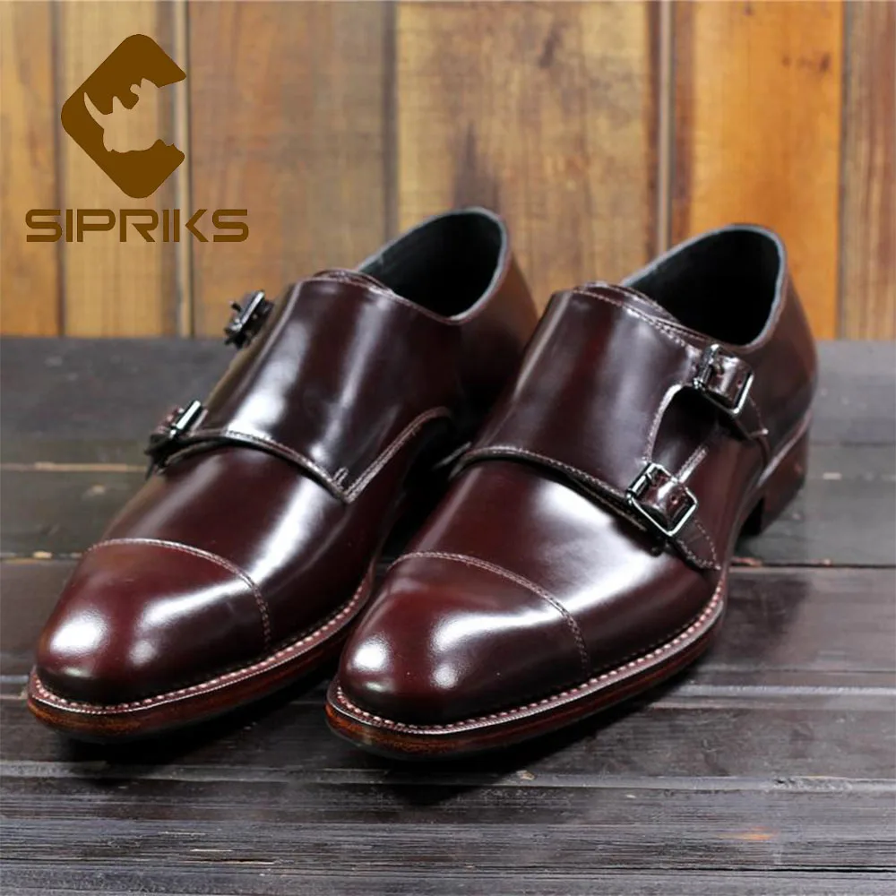 

Sipriks Mens Vintage Calf Leather Dress Shoes Italian Custom Goodyear Welted Shoes Boss Business Office Double Monk Straps Gent