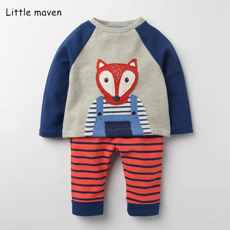 Little maven children's clothing sets 2018 autumn boys Cotton brand long sleeve fox tops / t shirt + striped pants 20228 | Детская