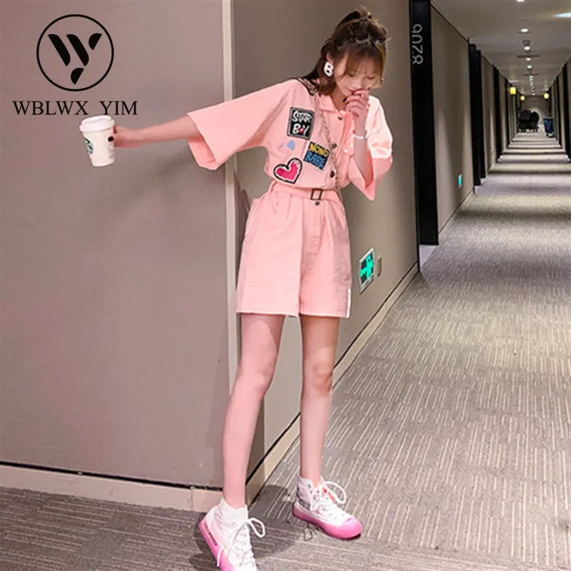 Корейские Комбинезоны для женщин модные с аппликацией и коротким рукавом