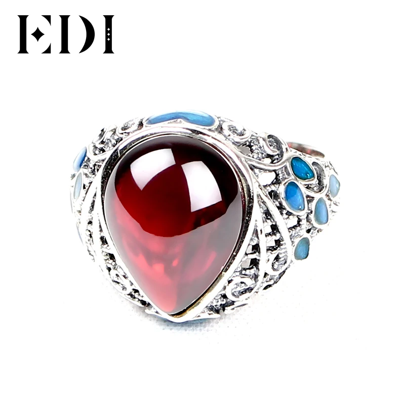 EDI Vintage 925 Sterling Silver Rings For Women Gemstone Dripping Garnet Cloisonne Female Folk Style Big |