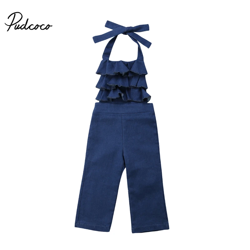 

Детский летний комбинезон pudcoco для маленьких девочек, джинсовый комбинезон с лямкой на шее, повседневный комбинезон для маленьких девочек, комбинезон, одежда