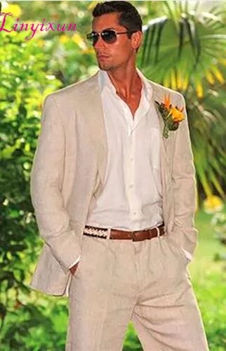Light Beige Linen Suits Men Beach Wedding For Custom Made Summer Suit Tailored Groom Tuxedo optional half-lined | Мужская одежда