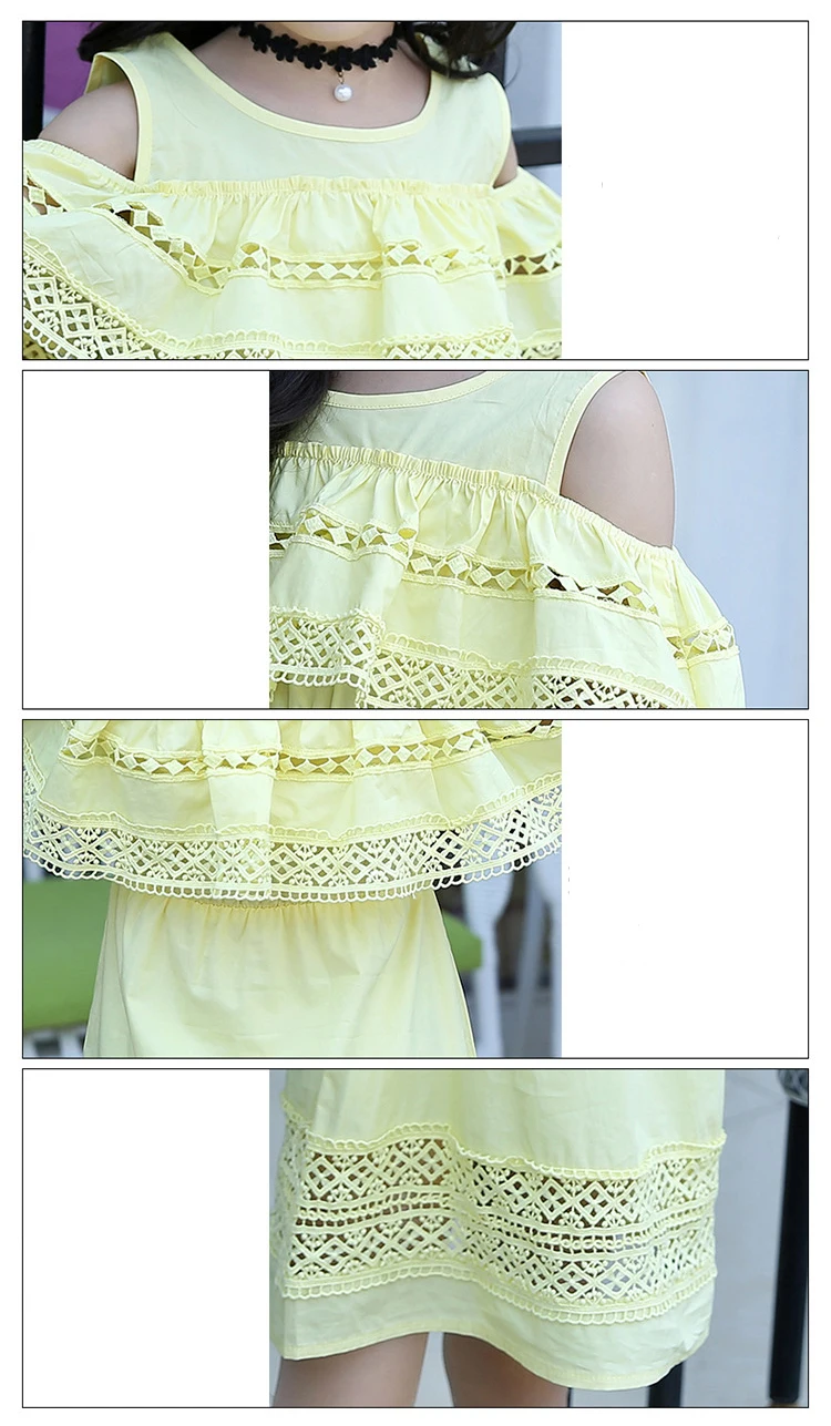 Girls Off Shoulder Dress 2020 Summer Style Lace with Sleeves Teenage Fashion Cotton Hollow Out Clothes | Детская одежда и обувь