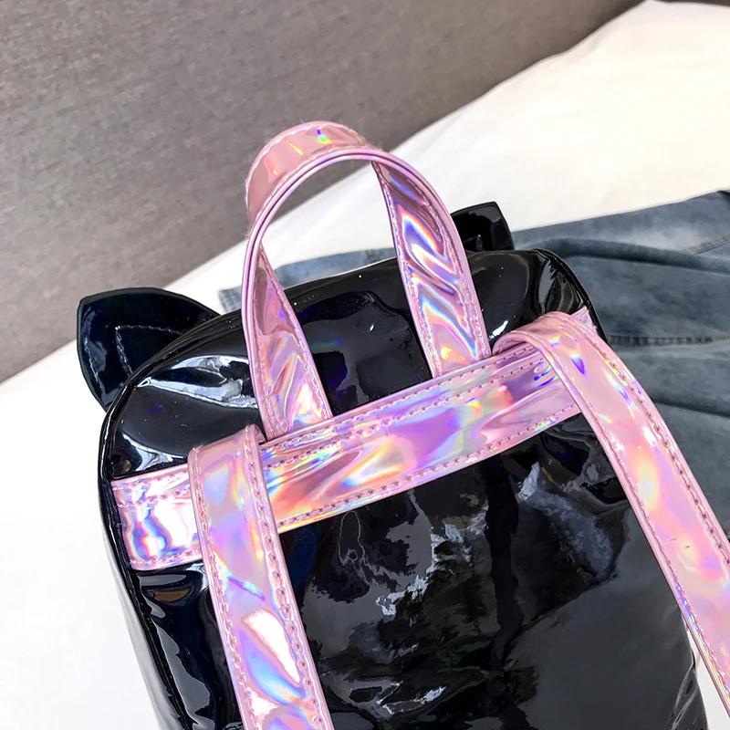Милый рюкзак mochila mujer с рисунком кота, черный, серебристый, лазерный голографический рюкзак для женщин, маленькие мини-рюкзаки для девочек, школьный рюкзак, дорожные сумки