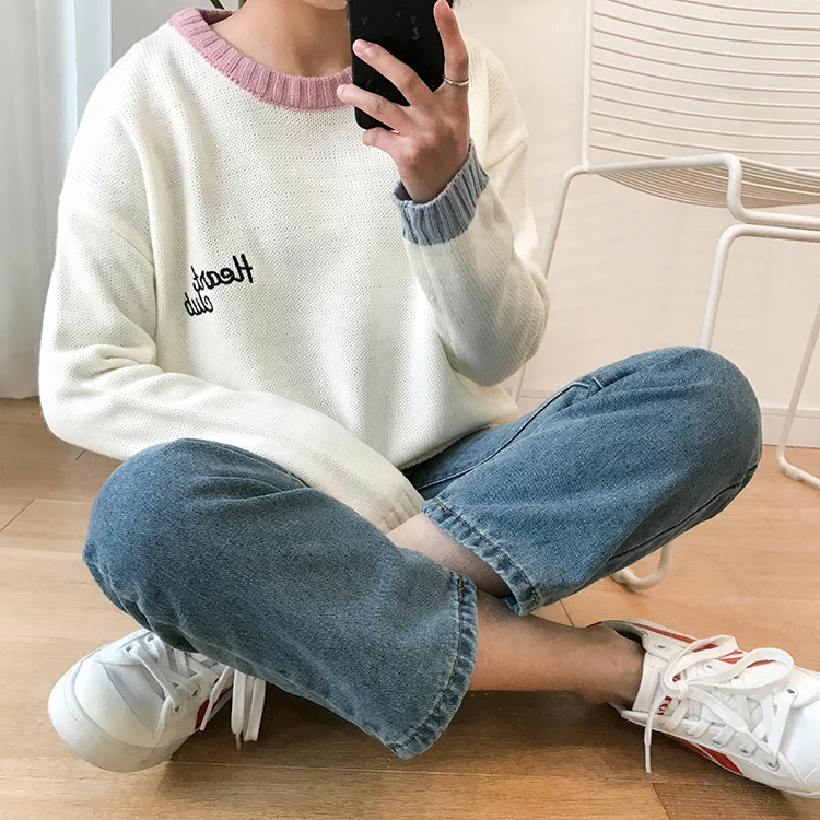 2 цвета осень и зима 2016 корейский стиль пэчворк вышивка буквы пуловер свитера для