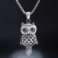 hiphoprock cute big black crystal owl pendant necklace vintage necklaces stainless steel chain for men woman