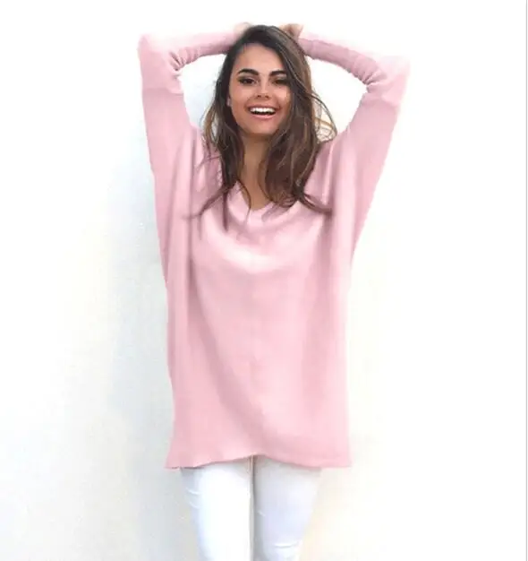 

Women Long Sweaters 2021 Fall Winter Fashion V-neck Solid Casual Loose Pullovers Ladies Plush Sweaters