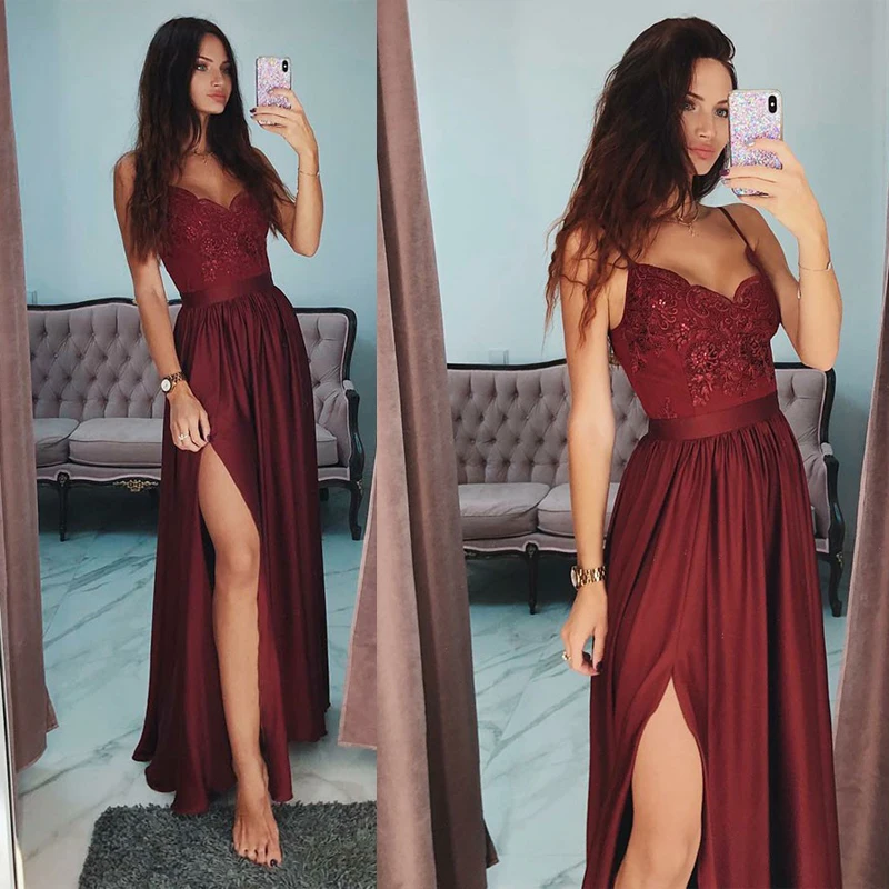 

Elegant Cheap Custom Made Long Burgundy High Slit Satin Prom Dresses Gowns 2021 With Lace