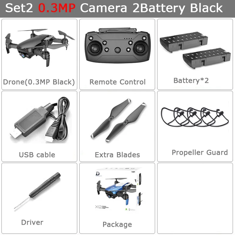 Set2 0.3MP 2B black X12 Радиоуправляемый Дрон с 0.3MP/2MP широкоугольной камерой Wi-Fi FPV Радиоуправляемый Дрон один ключ возврат высоты RC Квадрокоптер VS XS809S XS809HW - Цвет: Set2 0.3MP 2B black