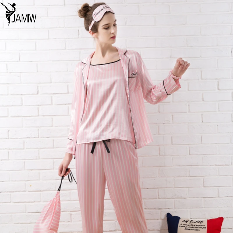 New Fashion Spring Summer Women's Seven Piece Satin Silk Pajamas Ladies Sexy Stripe Long Sleeved Sleepwear Home Clothes | Женская