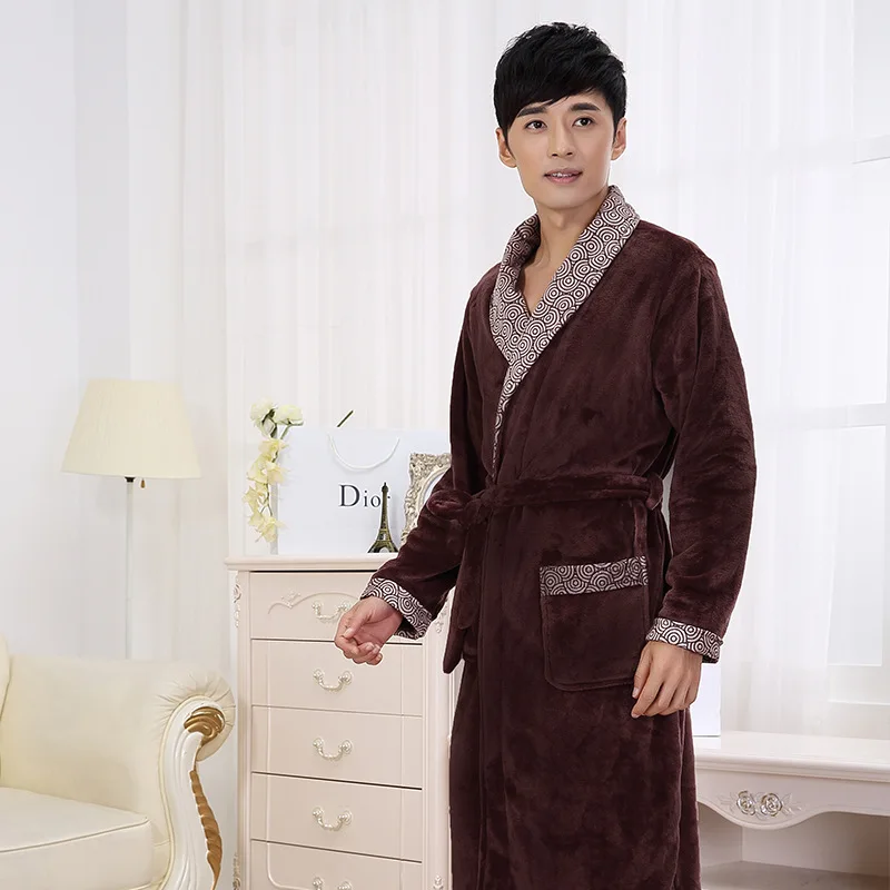 Autumn and Winter Flannel Robe Male Coral Fleece Bathrobe Lengthen Men's Sleepwear | Мужская одежда