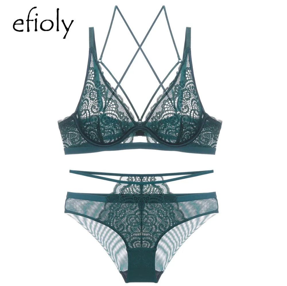 EFIOLY сексуальный женский комплект с бюстгальтером, ультра-тонкий кружевной комплект нижнего белья со стальным кольцом, женское нижнее белье с перекрестным ремешком