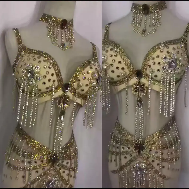Gold Crystals female singer DJ DS costumes Rhinestones tassel sexy Bikini suits nightclub Bar dance performance stage wear show |