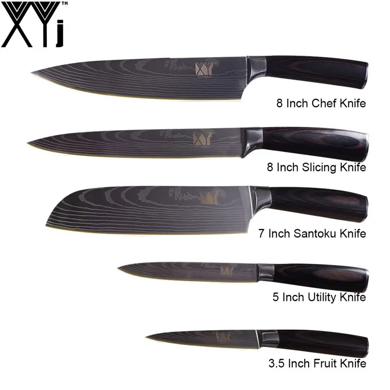 B.(5 Pcs Set) XYj высокоуглеродистая Нержавеющая сталь изысканный кухонный нож Подарочный цветной с деревянной ручкой Дамасские жилы кухонные ножи Набор - Цвет: B.(5 Pcs Set)