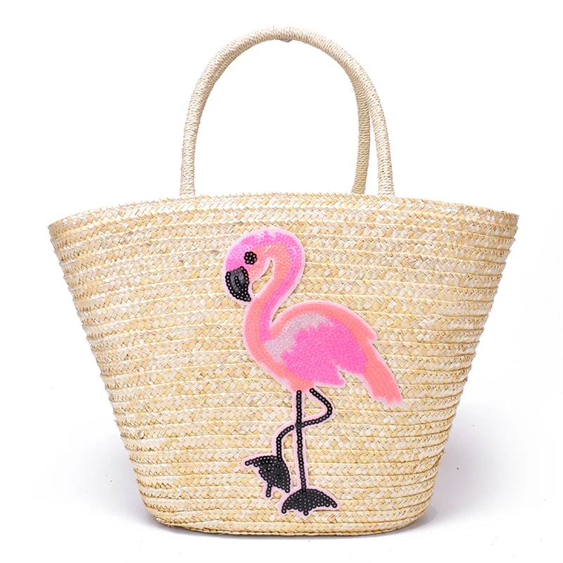 Женская соломенная сумка с рисунком пшеницы большая пляжная тоут фламинго