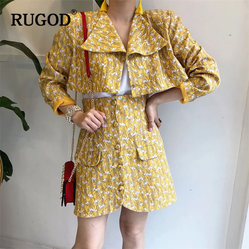 RUGOD/Новинка 2018 корейский костюм с юбкой цветочным принтом элегантный комплект из