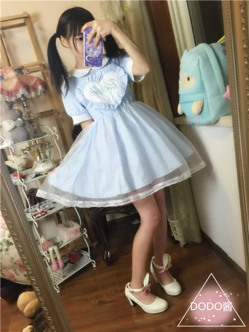 Kawaii/платье горничной в форме сердца для девочек в стиле Лолиты; кружевное цельнокроеное платье с вышивкой в виде букв и феи Kei; двухслойное платье из органзы - Цвет: Sky Blue