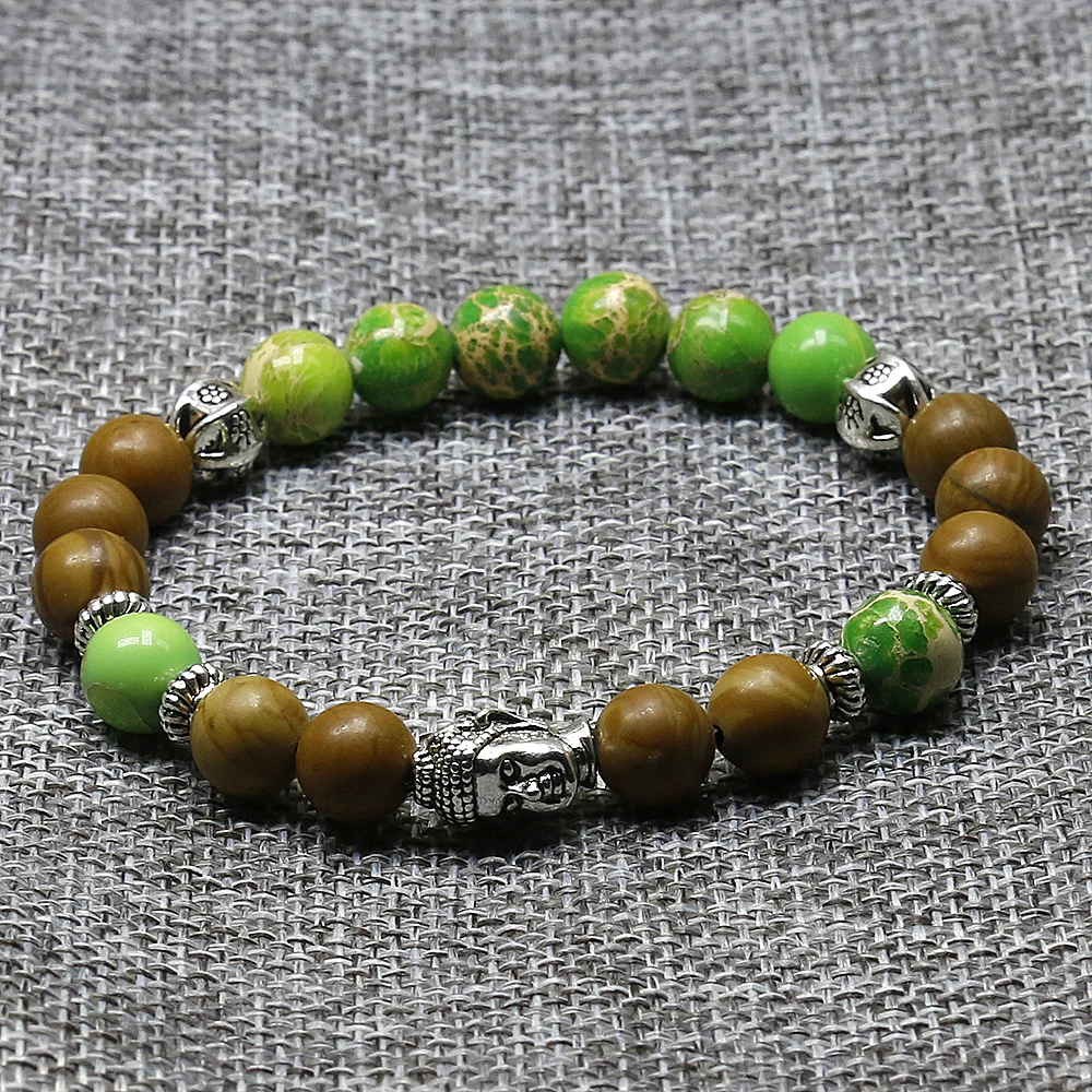 Mala браслет для йоги чакра зеленый морской осадочный с древесным камнем Йога