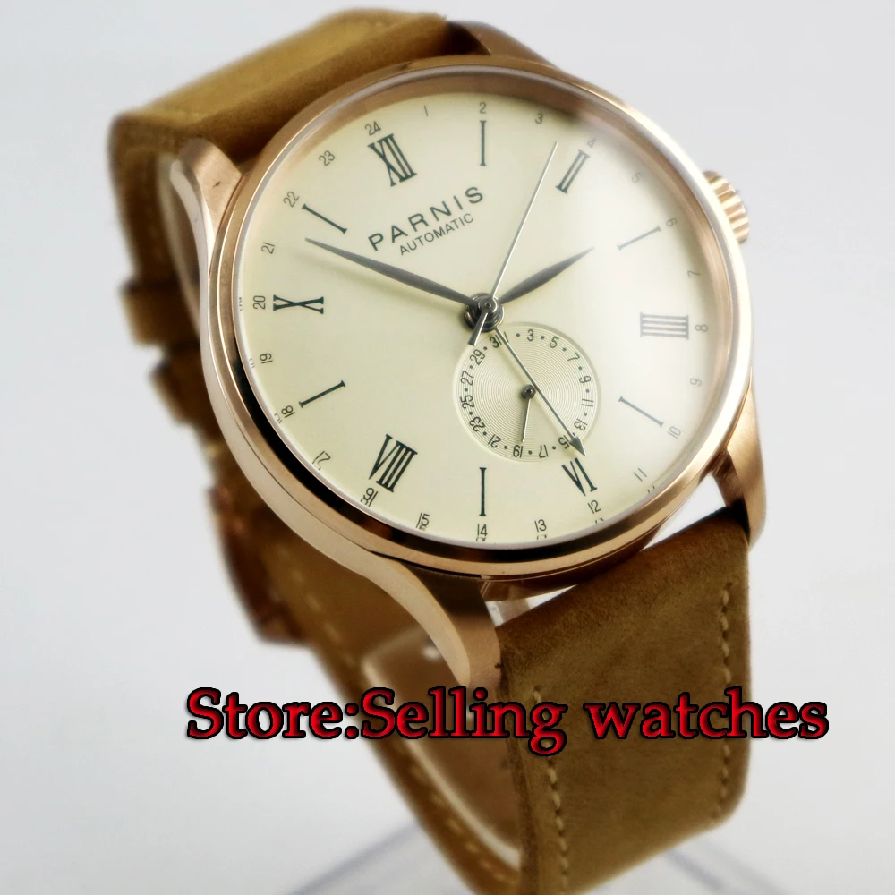 

42mm Parnis off-white dial Rose gold case 24 Hours ST1690 Automatic Movement Mens Watch