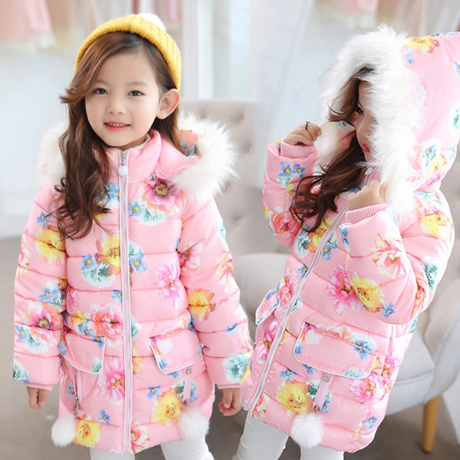 Зимние пальто для девочек с цветочным рисунком теплая верхняя одежда