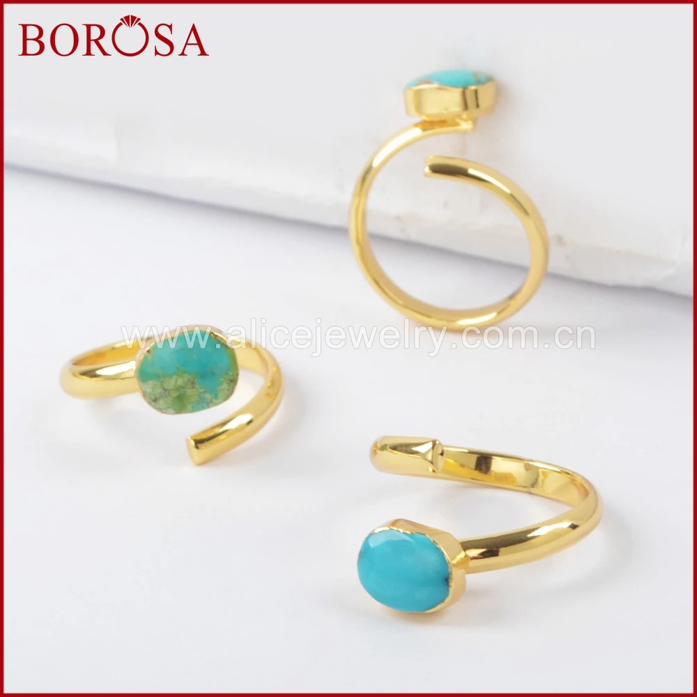 

BOROSA 10PCS Gold Color Natural Turquoises Labradorite Faceted Wrap Rings Gems Rings Jewelry Mixed Colors for Women G1490