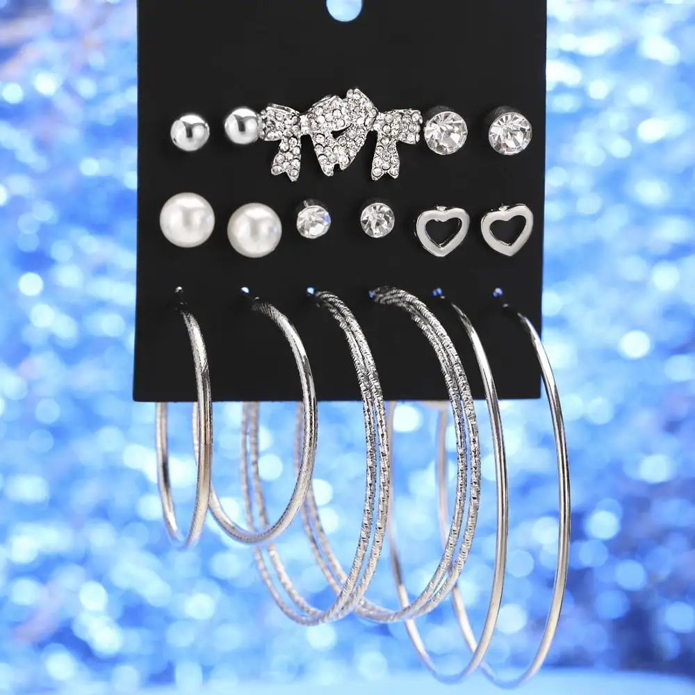 Модный Кристальный бесконечный Комплект сережек для женщин Bijoux искусственный жемчуг шар большой круг свадебные серьги массивные ювелирные изделия - Окраска металла: Silver Earrings Set