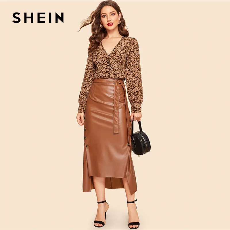 SHEIN Двубортная Асимметричная PU Юбка В Стиле 60 Х Годов С Поясом Женская Осенняя