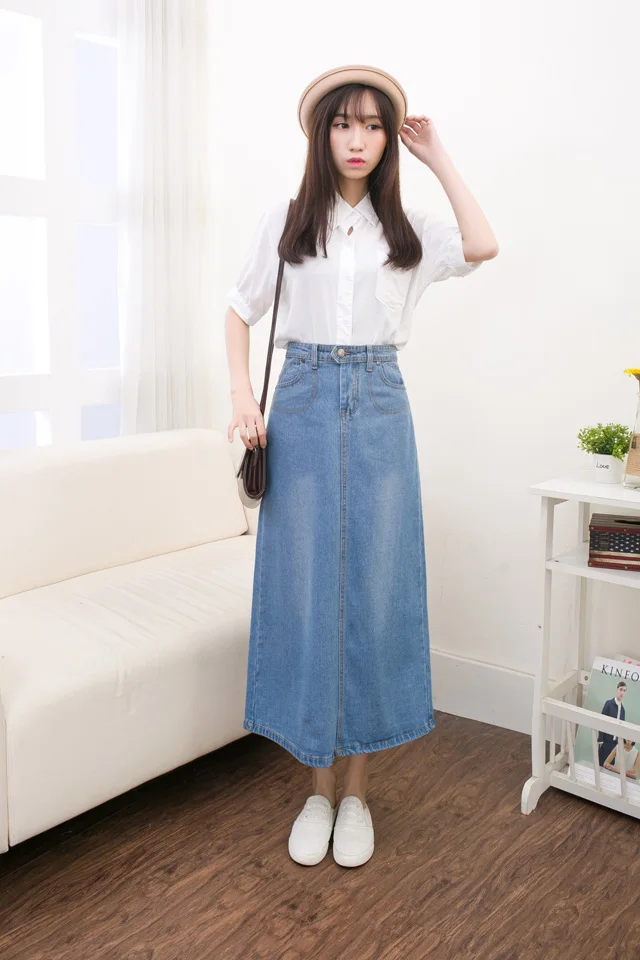 Women Lady Denim Skirt High Waist Long Big Swing Slim Elegant Pocket Blue | Женская одежда