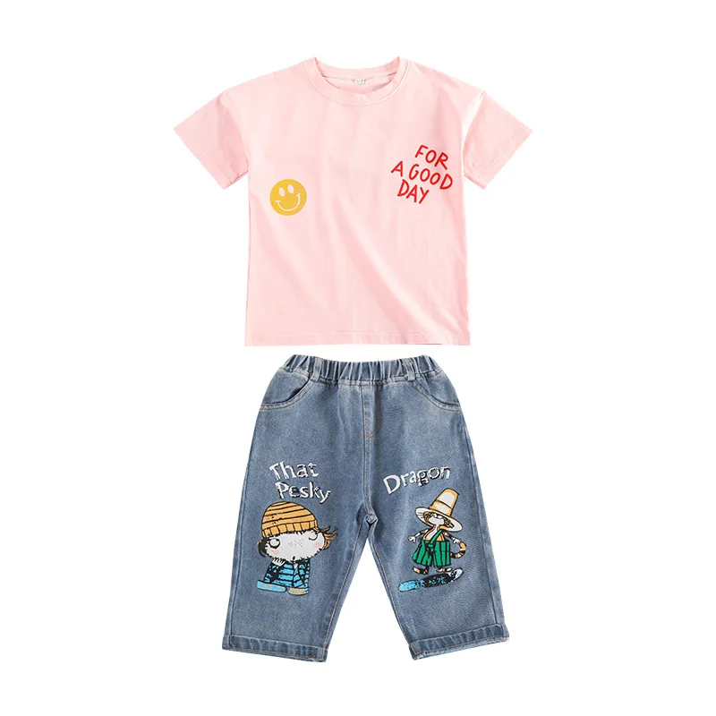 girl jeans sets I Комплект одежды для девочек, летняя одежда для девочек, короткий рукав, принт с сердцем+ рваные джинсовые шорты Детская одежда размеры для детей 6, 8, 10, 12 лет - Цвет: girl jeans sets I
