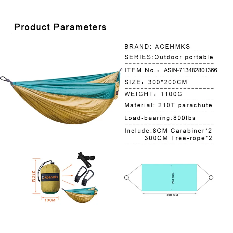 Acehmks Double Hammock Ultralight Parachute Chair With Tree Ropes For Outdoor Camp Hiking Travel Anti-UV 300CM*200CM | Мебель